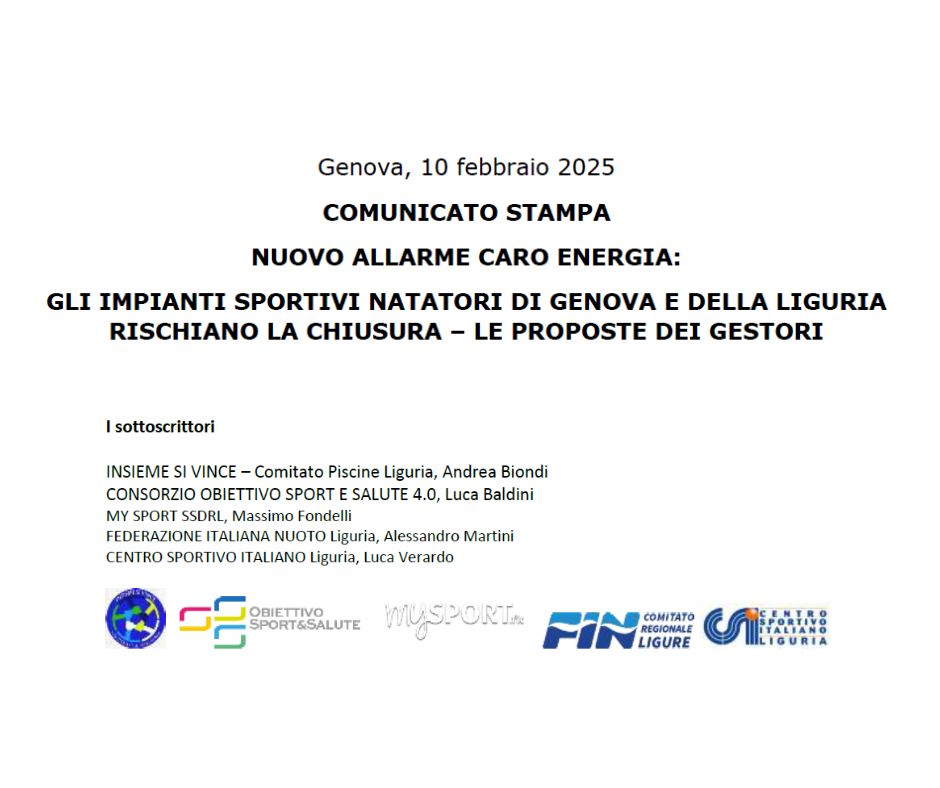 NUOVO ALLARME CARO ENERGIA: GLI IMPIANTI SPORTIVI NATATORI DI GENOVA E DELLA LIGURIA RISCHIANO LA CHIUSURA